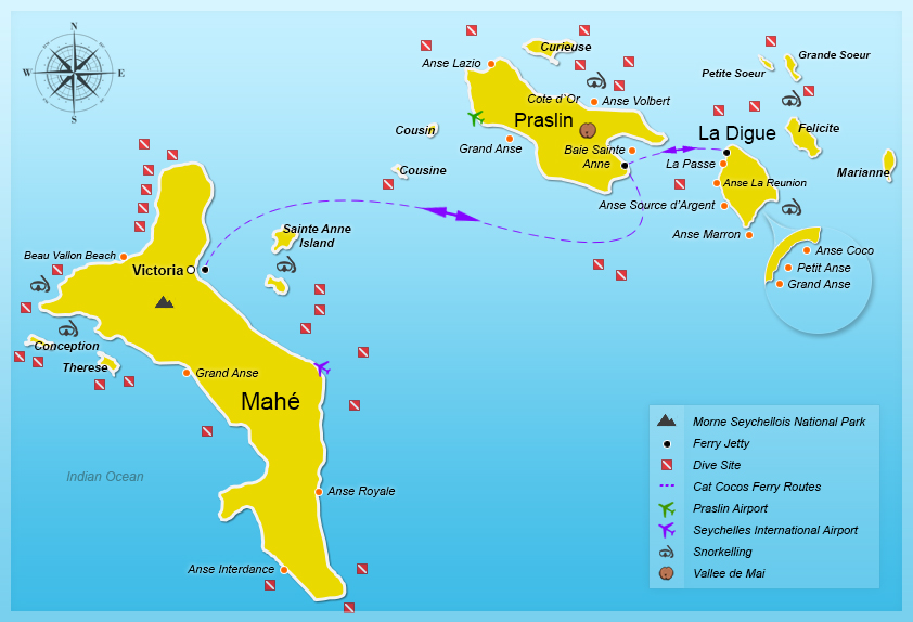 MAhe to La Digue - Cat Cocos Ferry Route Map